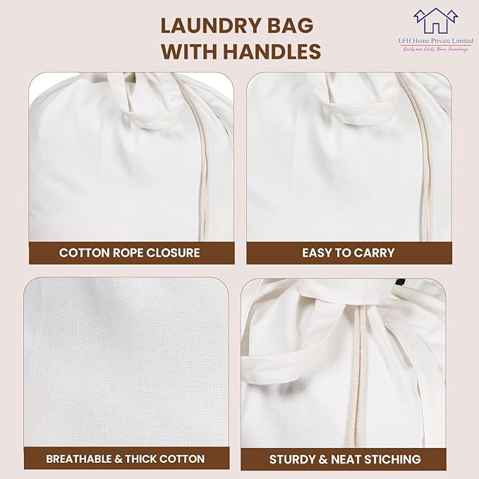 LFH Home Cotton Canvas Extra Large Laundry Bag with Handle, Heavy Duty Drawstring Closure Washable Laundry Bags School Travel, Home, Hotel, College Dorm, Organizer Sack, Toys Clothes 28x36-White