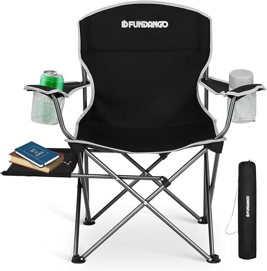 FUNDANGO Folding Camping Chair with Table, Portable Heavy Duty Outdoor Padded Chairs for Adults with Cup Holders for Lawn Beach Picnic Outside Travel (Black)