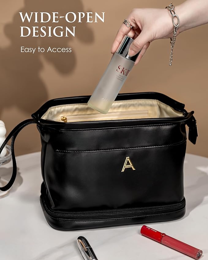 Bridesmaid Gift, Initial Makeup Bags, Personalized Double Layer Cosmetic Bag with Makeup Brush Organizer, Waterproof, Large Capacity PU Leather Travel Toiletry Bag