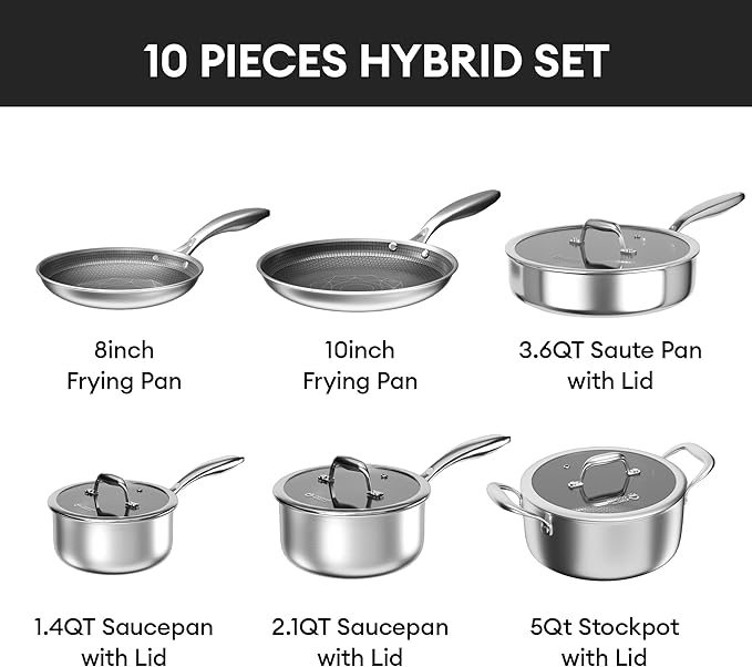 COOKER KING Stainless Steel Cookware Set, Pots and Pans Set Non Stick, Hybrid Ceramic Cookware,Non-Stick Frying Pans, Saucepans, Saute Pan & Stock Pot, Non-Toxic, Oven Safe, Induction Compatible