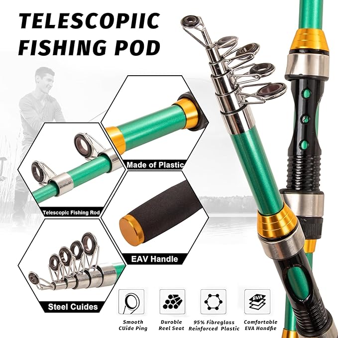 I00000 Fishing Rod and Reel Combos with Fiberglass Telescopic Fishing Pole - Spinning Reel Fishing Carrier Bag, Freshwater and Saltwater Fishing Rod Kit,Travel Fishing Kit for Bass Trout