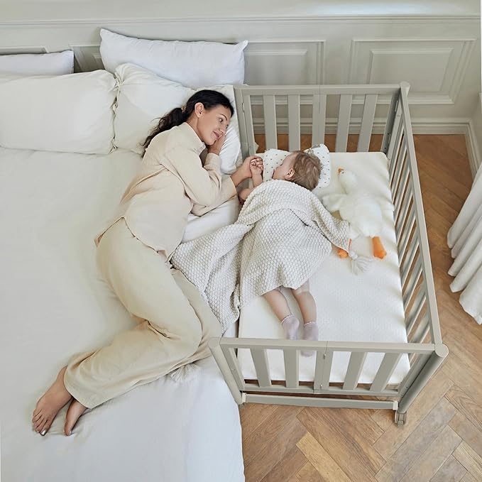 EvoNook 6-in-1 Convertible Mini Crib, 100% New Zealand Solid Wood, 4 Adjustable Mattress Heights, Crib with Mattress, Grey