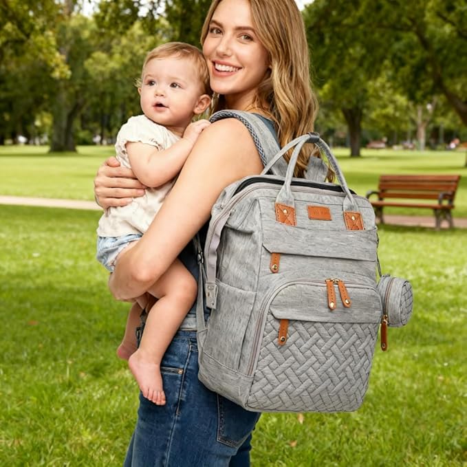 Baby Diaper Bag Backpack with Changing Station, Waterproof Large Capacity Baby Bag with USB Charging Port, Lightweight Travel Backpack Diaper Bag with Portable Crib - Grey