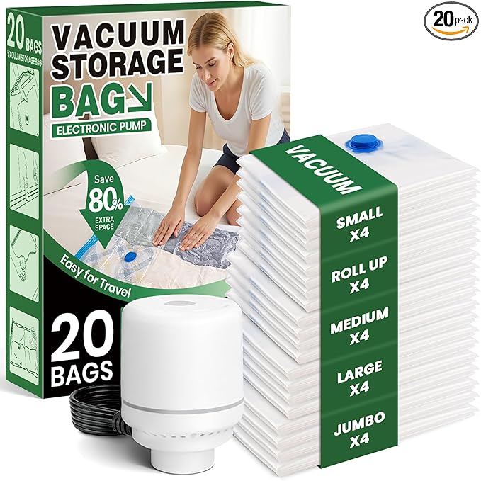 Vacuum Storage Bags,20Pack Vacuum Seal Bags with Electric Air Pump,Vacuumm Seal Bag for Clothing,Travel,Clothes,Comforters,Blankets,Pillows-4 Jumbo+4 Large+4 Medium+4 Small+4 Roll Up Space Saving Bag