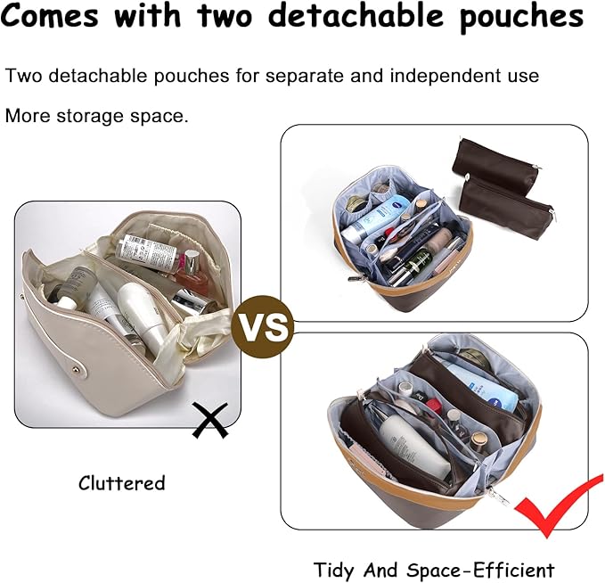 BOYATU Travel Makeup Bag Organizer Cosmetic Bag: 3 Pcs Set Make up Bags for Women with Handle - Waterproof Vegan Leather Toiletry Bags with Comparments (D-01-Brown)