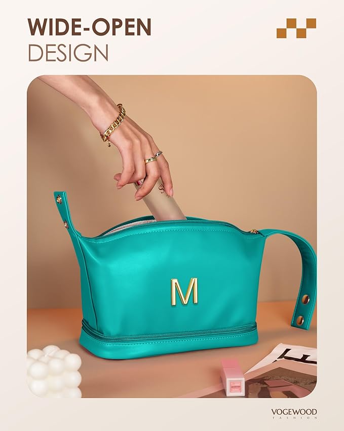 Women Presents Teacher Gifts, Personalized Makeup Bag with Handle, Initial Double Layer Cosmetic Bag with Makeup Brush Organizer, Cute Cosmetic Pouch for Women, Gift for Friends Female Mom