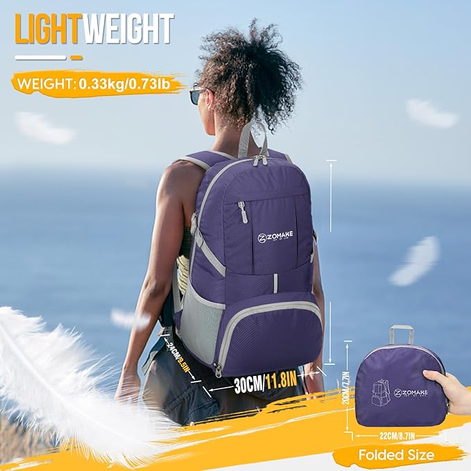 ZOMAKE Lightweight Packable Backpack 35L, Light Foldable Backpacks Water Resistant Collapsible Hiking Bag, Compact Folding Day Pack for Travel Camping(Purple)