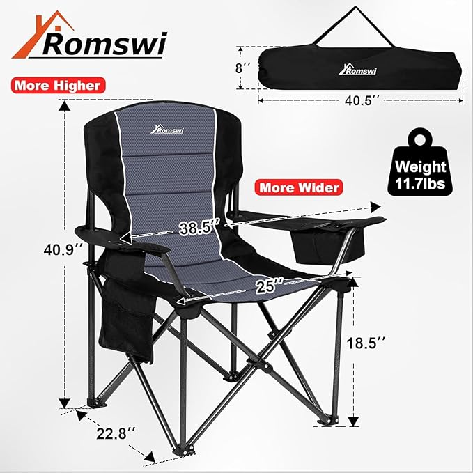 Romswi Oversized Camping Chairs,Heavy Duty Support 500 LBS,Padded Back & Arm Sport Chairs, Cup Holder Cooler Bag, Collapsible Folding Chairs for Outdoor, Fishing & Garden, Black,2-Pack