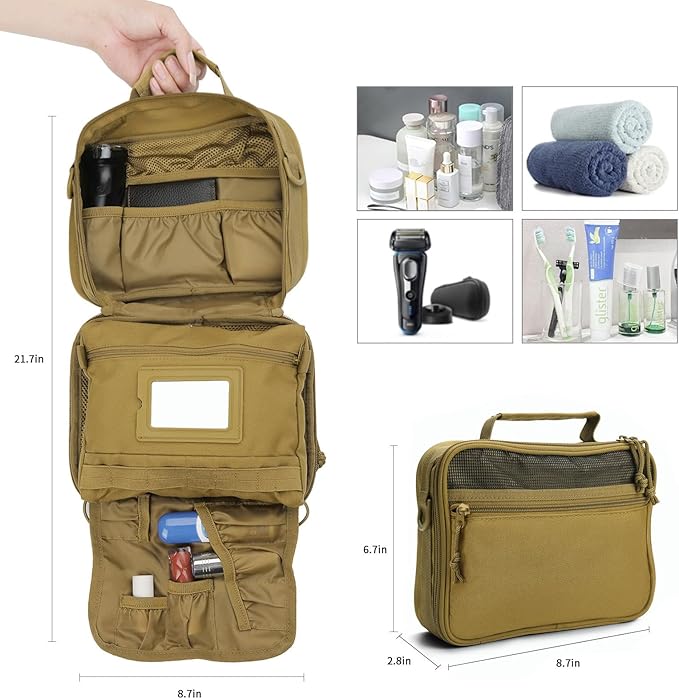 SUNRISING Tactical Toiletry Bag for Men - Hanging Travel Dopp Kit, Shaving Hygiene Organizer, Durable Bathroom Essentials for Short Trips & Camping Khaki（No molle）