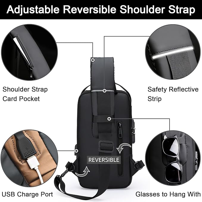 Sling Bag for Men Anti-theft USB Crossbody Shoulder Backpack Purse Waterproof PU Leather Chest Bag Travel Daily Use