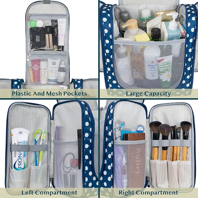 PAVILIA Extra Large Toiletry Bag Travel Bag for Women Men, Hanging Cosmetic Organizer, Water Resistant Makeup Bag for Accessories Toiletries, Travel Essentials Kit (Navy Polka Dot)