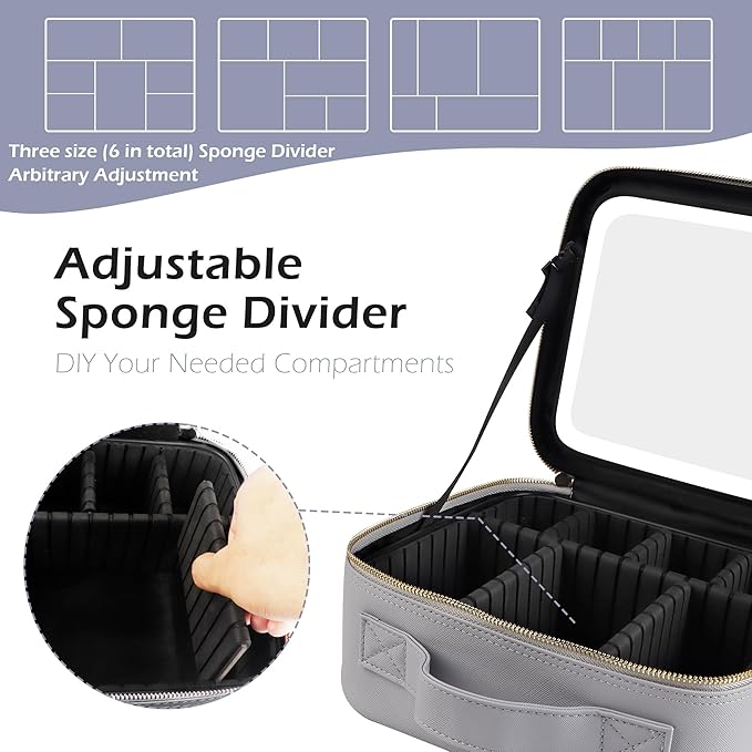 MOMIRA Travel Makeup Bag Cosmetic Bag Makeup Organizer Bag with Lighted Mirror, Adjustable Brightness in 3 Color Scenarios, Waterproof Makeup Train Case, Gift for Women - Grayish