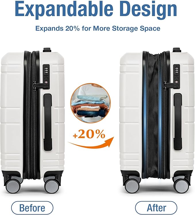 KYME Carry On Luggage 22x14x9 Airline Approved with TSA Lock Hard Shell Carry On Suitcase Lightweight Suitcases with Wheels Small Luggage for Men Women,Carry-On 20 Inch,White
