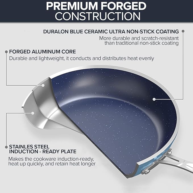 Nuwave Healthy Duralon Blue Ceramic Nonstick Coated 7pc Cookware Set, Scratch-Resistant Diamond Infused, PFAS Free, Induction Ready & Evenly Heats, Oven Safe, Tempered Glass Lids