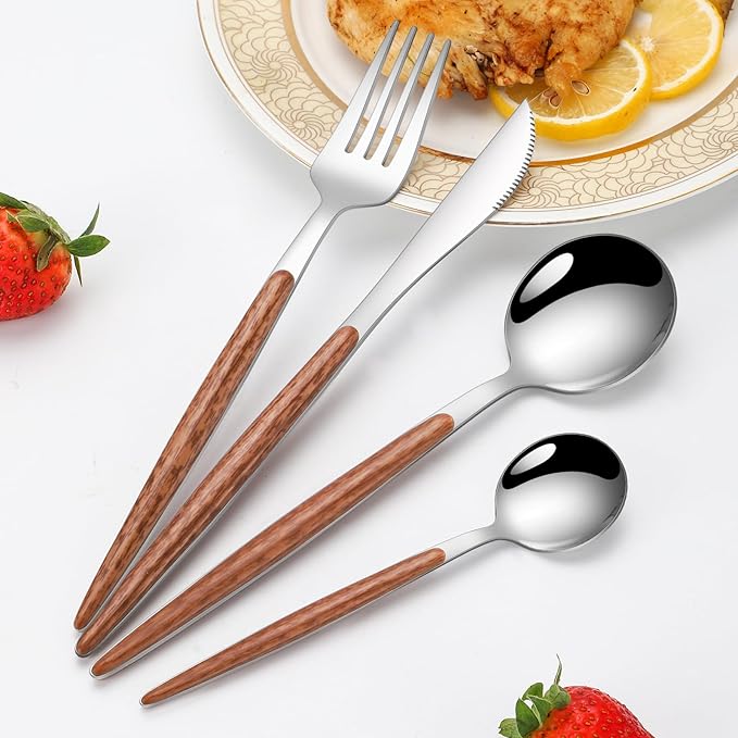 16 PCS Silverware Set for 4,Stainless Steel Flatware Cutlery Eating Utensils Set with Wood Grain Handle,Steak Knives Forks and Spoons for Home,Party,Mirror Polished and Dishwasher Safe