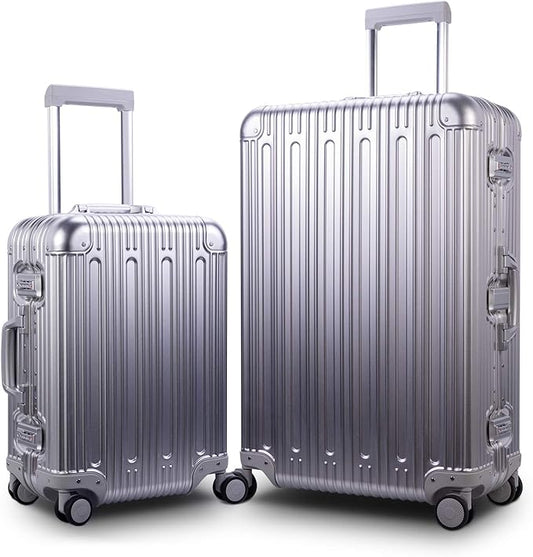TRAVELKING All Aluminum Luggage Carry On Spinner Hard Shell Suitcase Lightweight Metal Suitcases 20“ & 28 Inch Luggage Set