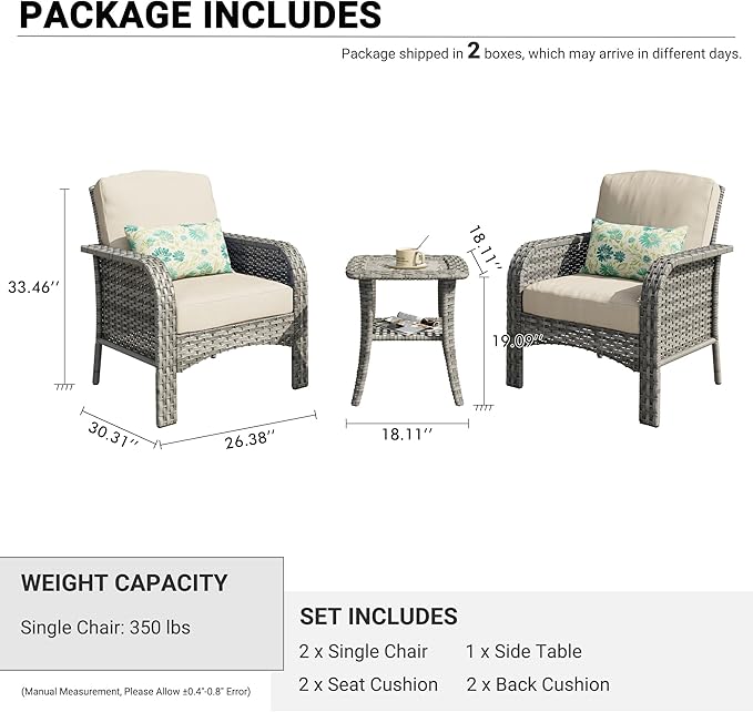 HOOOWOOO Patio Furniture Set,3 Pieces Outdoor Conversation Set,All Weather Wicker Bistro Set Yard Porch High Back Chairs Side Table,Beige