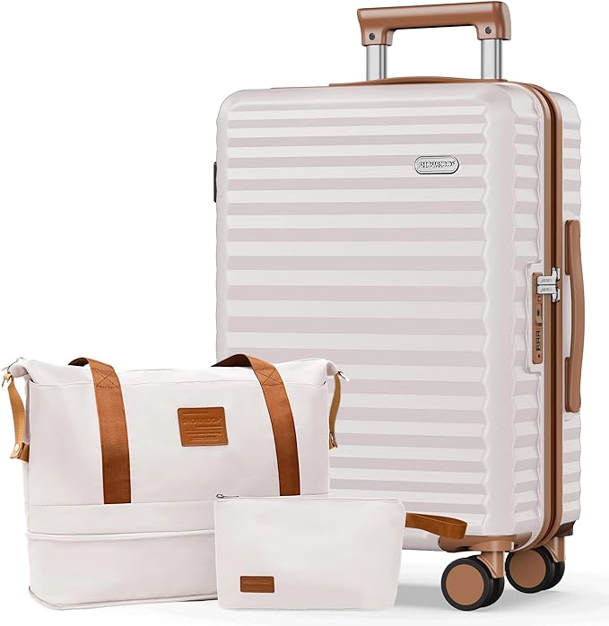 SHOWKOO Suitcase Hardside Expandable Luggage Set, Suitcase with Double Spinner Wheels TSA Lock 3 Piece Set Beige White (DB/TB/28in)