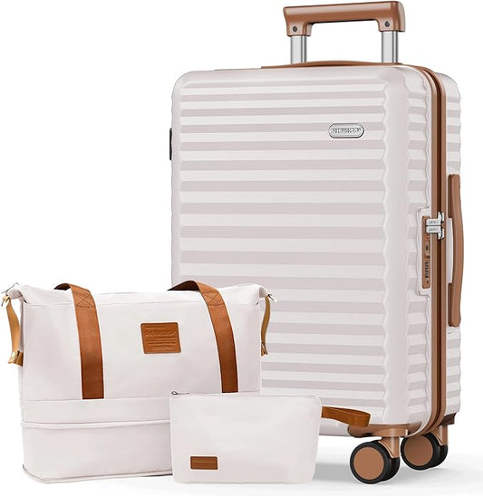 SHOWKOO Suitcase Hardside Expandable Luggage Set, Suitcase with Double Spinner Wheels TSA Lock 3 Piece Set Beige White (DB/TB/28in)