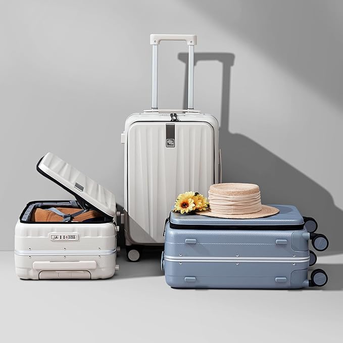 Hanke 24 Inch Checked Luggage PC Hard Case Luggage Top Opening Aluminum Frame Travel Luggage Suitcases with Wheels for Woman Men.(Ivory white)