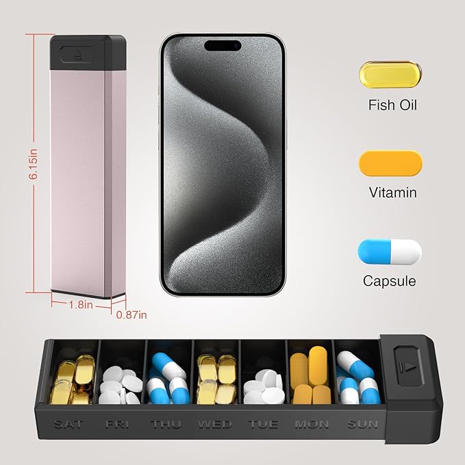 HEIYING Pill Organizer with Aluminum Shell for One Week Capacity, Portable 7 Compartments Pill Box Container to Hold Vitamin, Medicine, Supplements