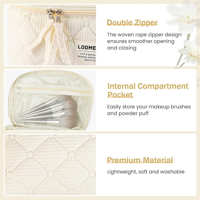 Makeup Bag 3 PCS Cosmetic Bags for Women, Large Travel Make up Bag Set Cute Cotton Toiletry Bag Organizer Pouch for Purse, Beige