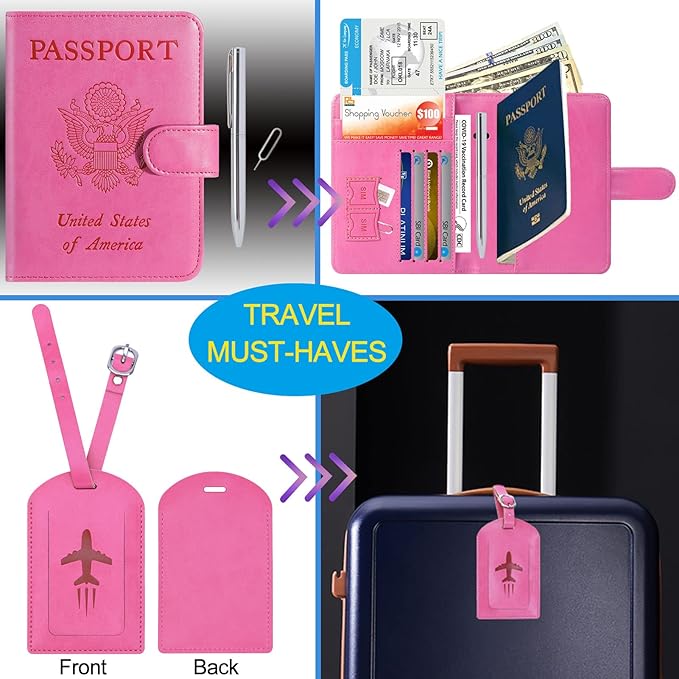 Passport Holder With Luggage Tag Cover Wallet RFID Blocking Leather Case Travel Essentials Accessories Travel Must Have(114#Pink)