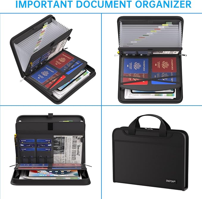 ENGPOW Accordion File Organizer,Fireproof Expanding File Folder with Multi Pockets,13 Pockets Document Organizer with Handle & Labels,Portable Home Travel Safe Storage for Letter A4 Files and More
