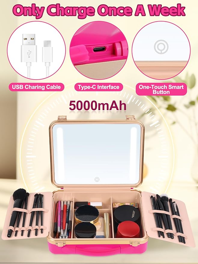Kalolary Travel Makeup Train Cases with Lighted Mirror 3 Color Setting, Makeup Bag Cosmetic Case Organizer Adjustable Brightness Portable Makeup Storage Box with Detachable 5X Magnifying Mirror, Pink