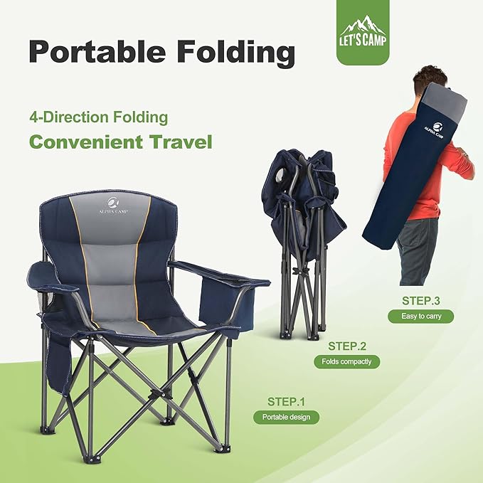 LET'S CAMP Folding Camping Chair Oversized Heavy Duty Padded Outdoor Chair with Cup Holder Storage and Cooler Bag, 450 LBS Weight Capacity, Thicken 600D Oxford