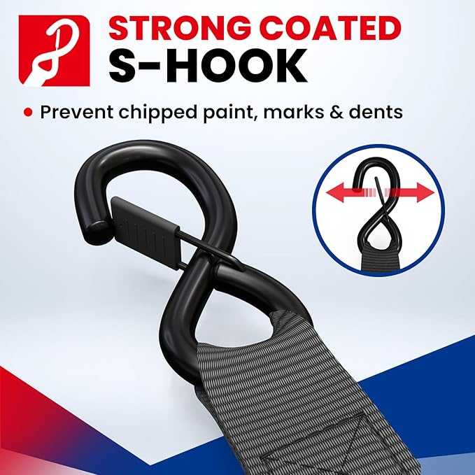 MOCA Heavy Duty Ratchet Tie Down Straps - 5200 Lbs Breaking Strength 1.6" x 8', Includes 4 Heavy Duty Ratchet Padded Handles & Coated Chromoly S Hooks & 4 Soft Loop Tie-Downs