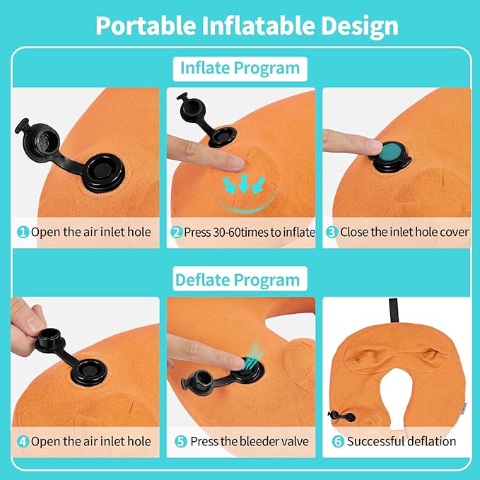 Inflatable Travel Neck Pillow for Airplane, Head Support Velvet Adult Neck Pillow for Long Flight, Kit with Eye Mask, Earplugs and Storage Bag,1, Orange