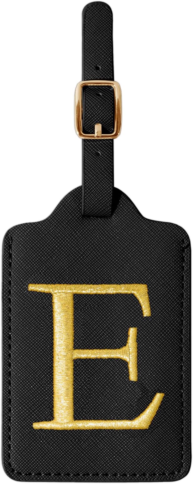 Personalized Initial Luggage Tags for Suitcase TSA Approved, Black Leather Cute Luggage Tag with Privacy Cover Name Card, Embroidered Custom Luggage Tags Travel Backpack Tags Gifts for Women Kids(E)