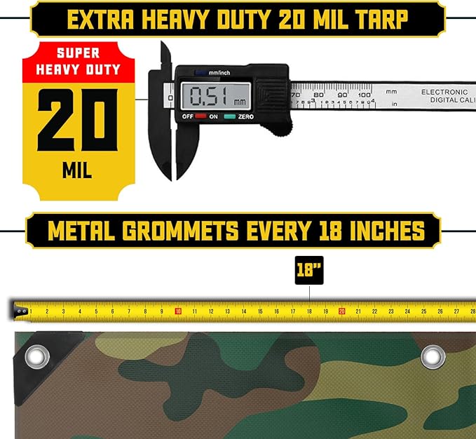Core Tarps Extreme Heavy Duty 20 Mil Tarp Cover, Waterproof, UV Resistant, Rip and Tear Proof, Poly Tarpaulin with Reinforced Edges for Roof, Camping, Patio, Pool, Boat (Camouflage/Green 10′ X 20′)