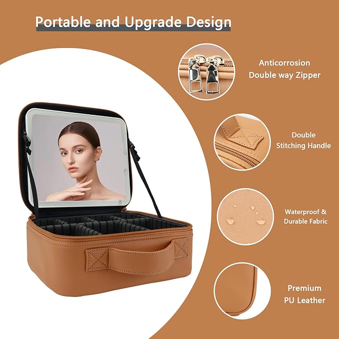 Makeup Bag with Led Mirror,Travel Makeup Organizer with 3 Color Setting, Portable Storage and Adjustable Dividers Travel Makeup Bag(light brown)