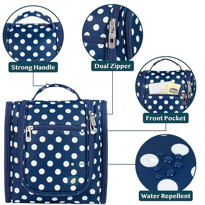 PAVILIA Toiletry Bag Travel Bag for Women Men, Hanging Cosmetic Organizer, Water Resistant Makeup Bag for Accessories Toiletries, Large Travel Essentials Kit (Navy Polka Dot)