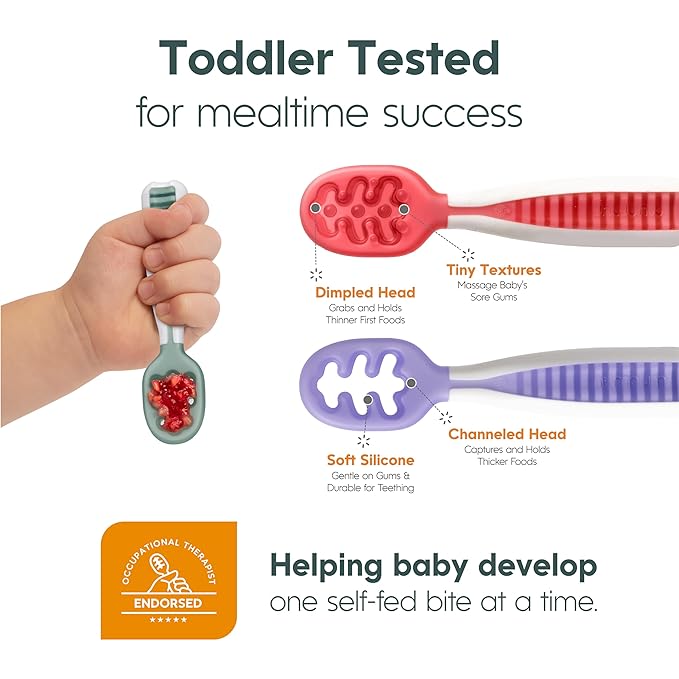 NumNum Baby Spoons Set, Baby Essentials Pre-Spoon GOOtensils for 6+ Months, First Stage Self-Feeding Spoons for Baby Led Weaning (BLW), Silicone Toddler Utensils, BPA-Free, 2 Pack Red/Yellow