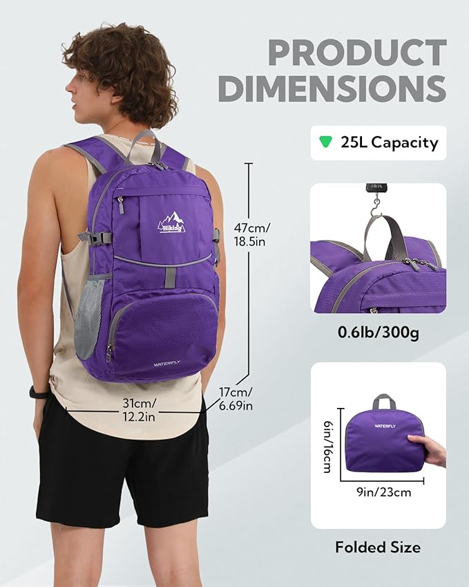 WATERFLY Hiking Foldable Daypack Backpack: 25L Ultra Lightweight Packable Waterproof Outdoor Travel Day Pack for Woman Man