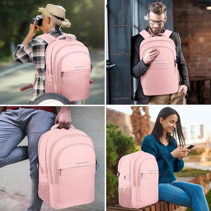 Lapsouno Large Backpack for Women, TSA 17.3 Inch Travel Laptop Backpack with USB Port, College School Business Backpack, Light Pink
