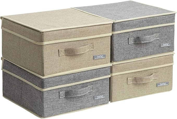 YueYue 4 Pack Small Fabric Storage Box with Lids, Foldable Linen Storage Box with Lids 4 Pieces Gray&Linen Set 12.4in/12in/6.7in