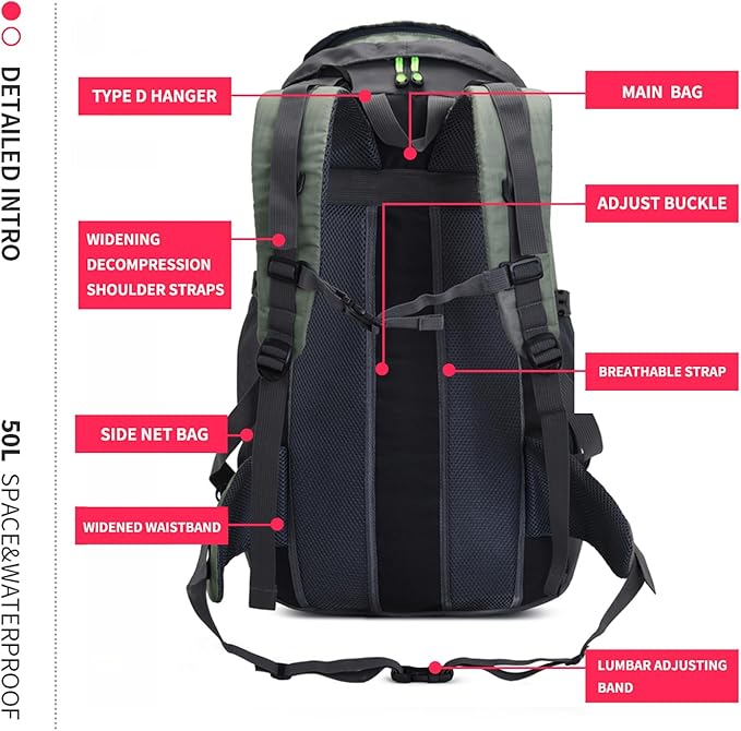 Bseash 50L Hiking Backpack, Water Resistant Lightweight Outdoor Sport Daypack Travel Bag for Camping Climbing Skiing Cycling (Army Green - With Shoe Compartment)