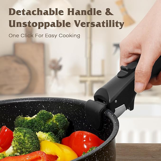 17 Pcs Pots and Pans Set Non Stick, Cookware Sets with Detachable Handle, Nonstick RV Kitchen Cooking Tools Removable Handles, Oven Safe, Induction Fast, Stackable Induction Cookware, Black