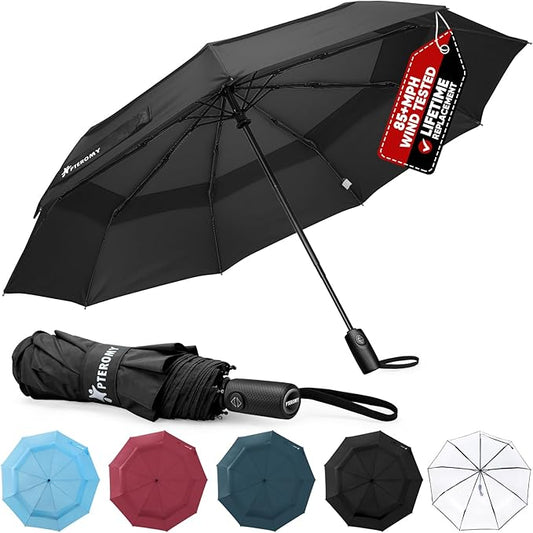 PTEROMY Windproof Compact Travel Umbrellas for Rain and Sun, Withstands 85MPH Winds Auto Open Close Folding Umbrella with Ergonomic Handle, Quick Dry Canopy for Commuting or Backpack