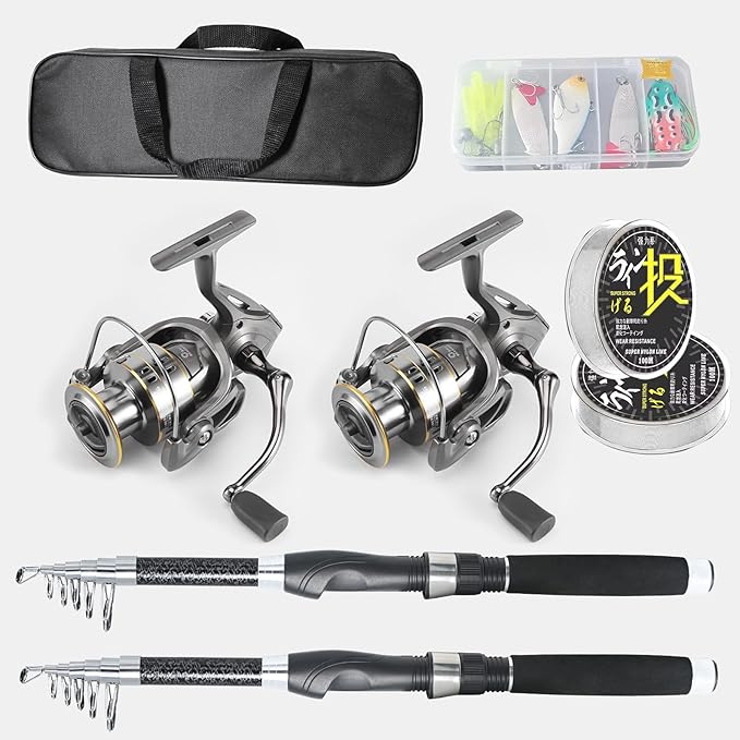 2PACK Fishing Pole Combo,Carbon Fiber Fishing Rod Spinning Reels Fishing Carrier Bag for Travel Saltwater Freshwater