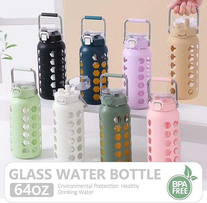 MUKOKO 64oz Glass Water Bottles with Straw and Lid,Half Gallon Water Bottle with Time Marker,Large Glass Water Jug with Silicone Sleeve and Stainless Steel Handle-Amber
