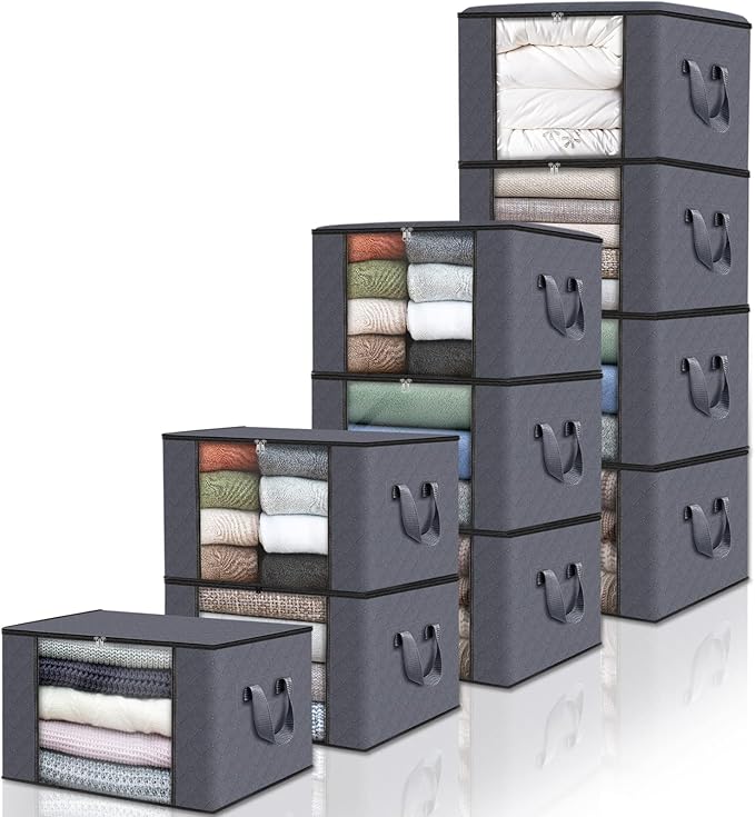 Fab totes 10 Pack Clothes Storage, Foldable Thick Fabric Blanket Storage Bags, Containers for Organizing Bedroom, Closet, Clothing, Comforter,Closet Organization with Handle,Grey
