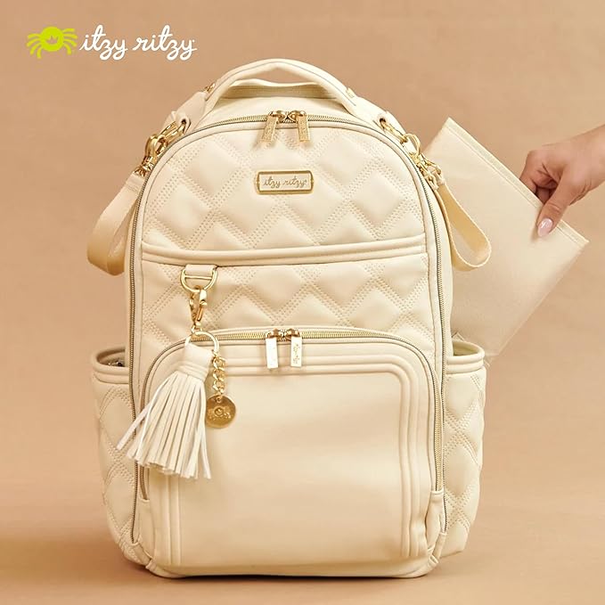 Itzy Ritzy Diaper Bag Backpack – Large Capacity Boss Plus Baby Backpack Diaper Bag Featuring 19 Pockets, Changing Pad, Stroller Clips, and Comfortable Straps (Milk & Honey)