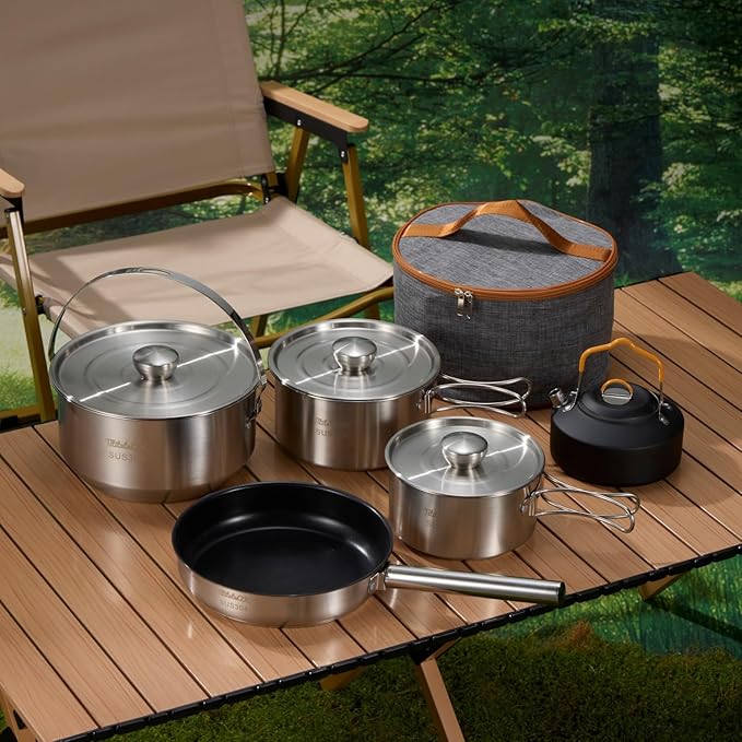 Camping Cookware Set 304 Stainless Steel 10pcs Pots & Pans,Kettle, Travel Mesh Bag for Camping, Trekking, Backyard Picnic & Backpacking Gear