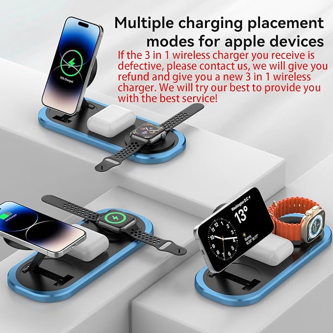 3 in 1 Fast Wireless Charger Stand for iPhone, Foldable Travel Charging Station for Magsafe for iPhone 17/Air/16/15/14/13/12 Series, Apple Watch Series, AirPods pro/2/3/4, Gifts for Women Men (Blue)