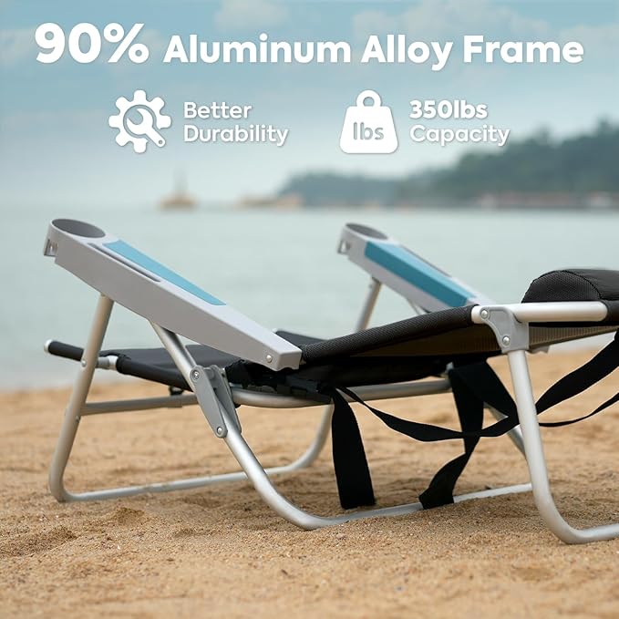 ICECO Backpacking Beach Chairs for Adults, 5 Positions Reclining, Heavy Duty Folding Beach Chairs, Portable Lay Flat Outdoor Chair with Cup Holder for Camping, Lawn, 350lb Capacity